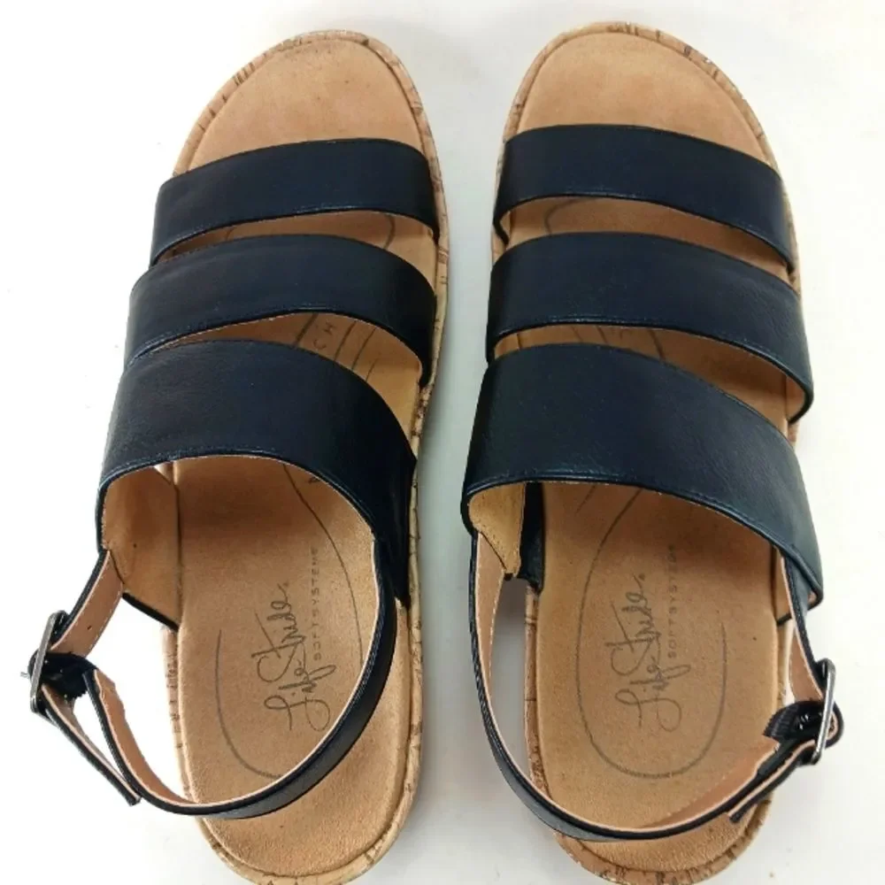 Life Stride Wyonna Low Profile Cork Wedge 3 Band Active Arch Black Womans 9.5.